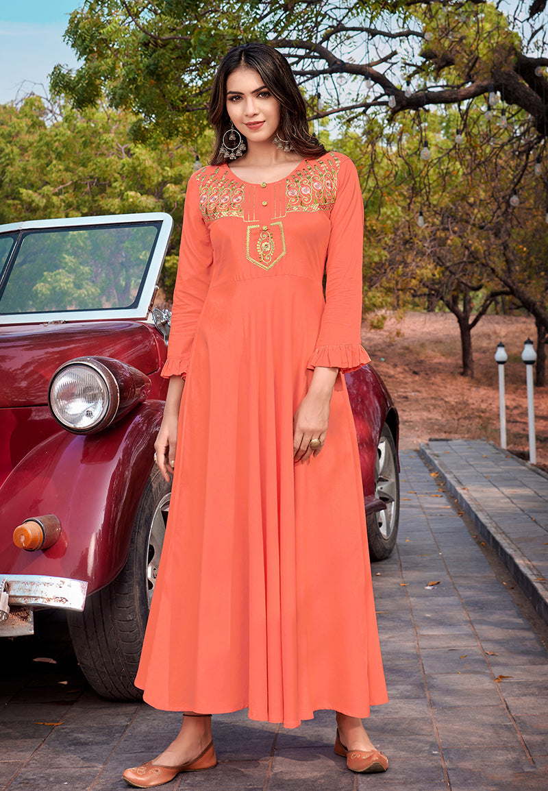 Monjolika Fashion Peach Rayon Embroidered Designer Kurti - Distacart
