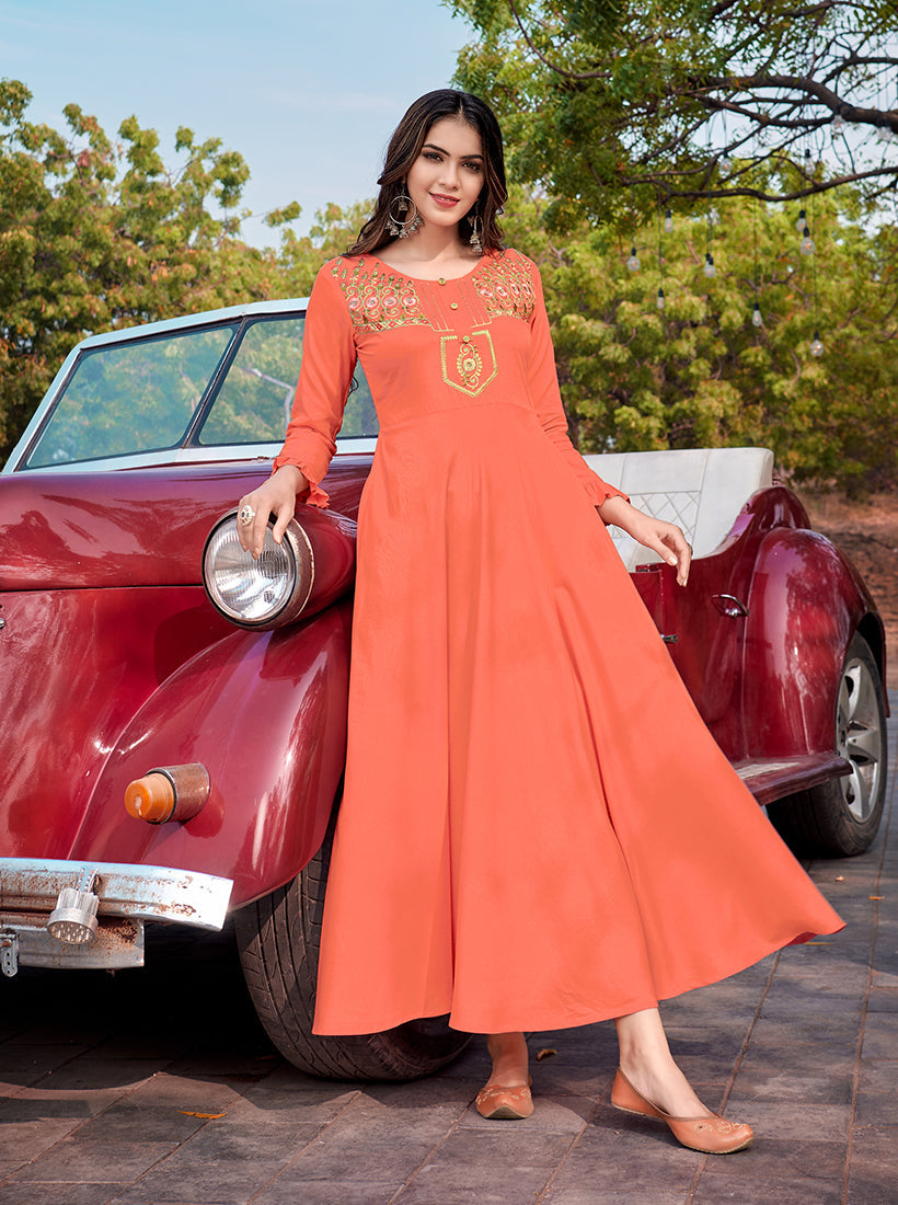 Monjolika Fashion Peach Rayon Embroidered Designer Kurti - Distacart