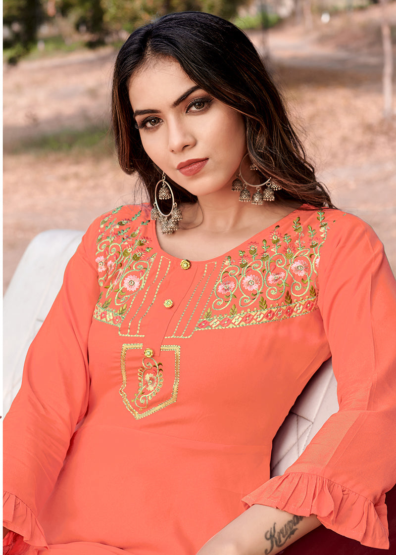 Monjolika Fashion Peach Rayon Embroidered Designer Kurti - Distacart