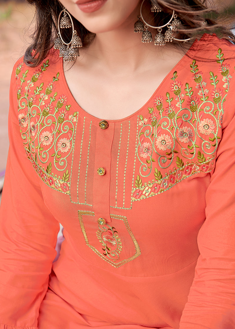 Monjolika Fashion Peach Rayon Embroidered Designer Kurti - Distacart