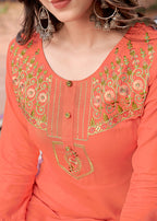 Monjolika Fashion Peach Rayon Embroidered Designer Kurti - Distacart