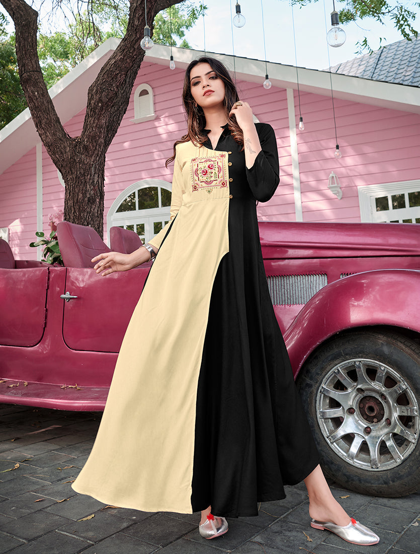 Monjolika Fashion Cream & Black Rayon Embroidered Designer Kurti - Distacart