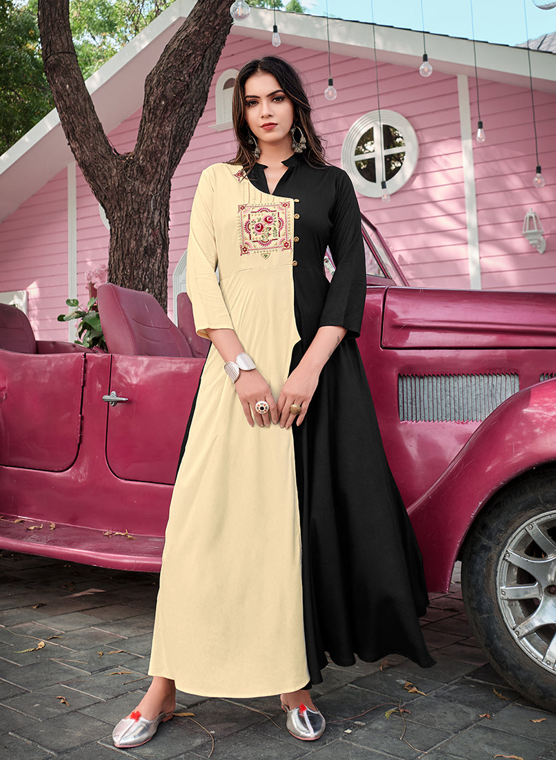 Monjolika Fashion Cream & Black Rayon Embroidered Designer Kurti - Distacart