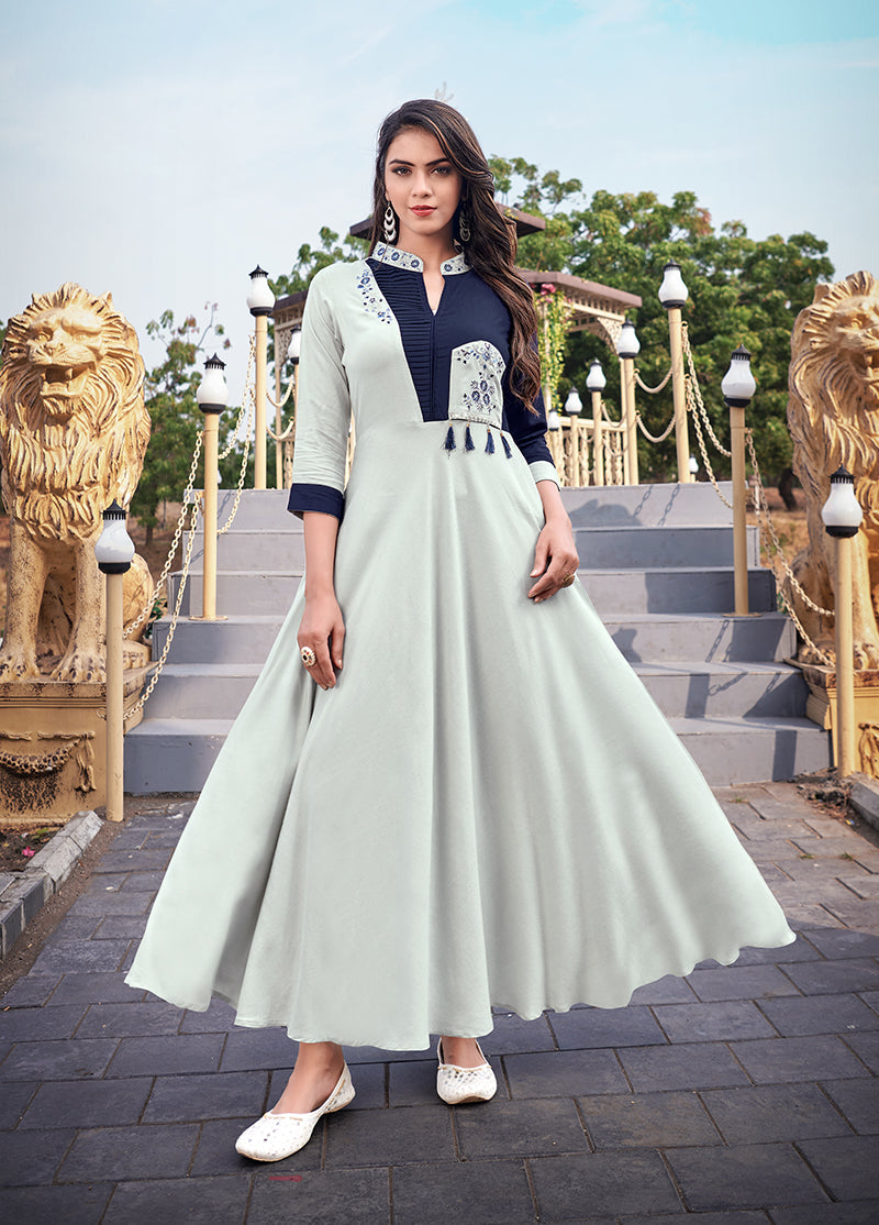 Monjolika Fashion Light Grey Rayon Embroidered Designer Kurti - Distacart