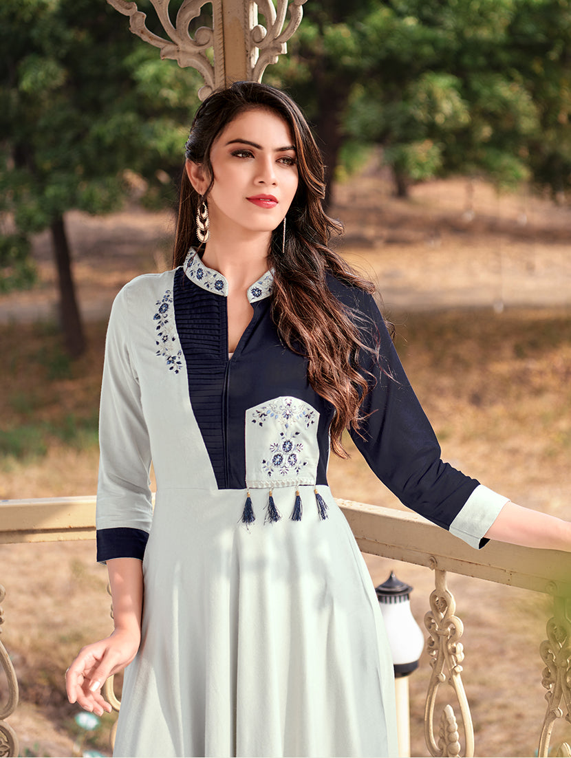 Monjolika Fashion Light Grey Rayon Embroidered Designer Kurti - Distacart