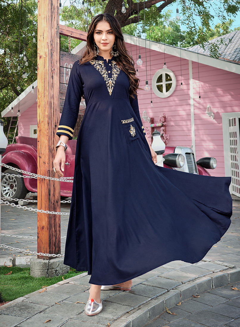 Monjolika Fashion Navy Blue Rayon Embroidered Designer Kurti - Distacart