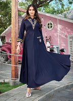 Monjolika Fashion Navy Blue Rayon Embroidered Designer Kurti - Distacart