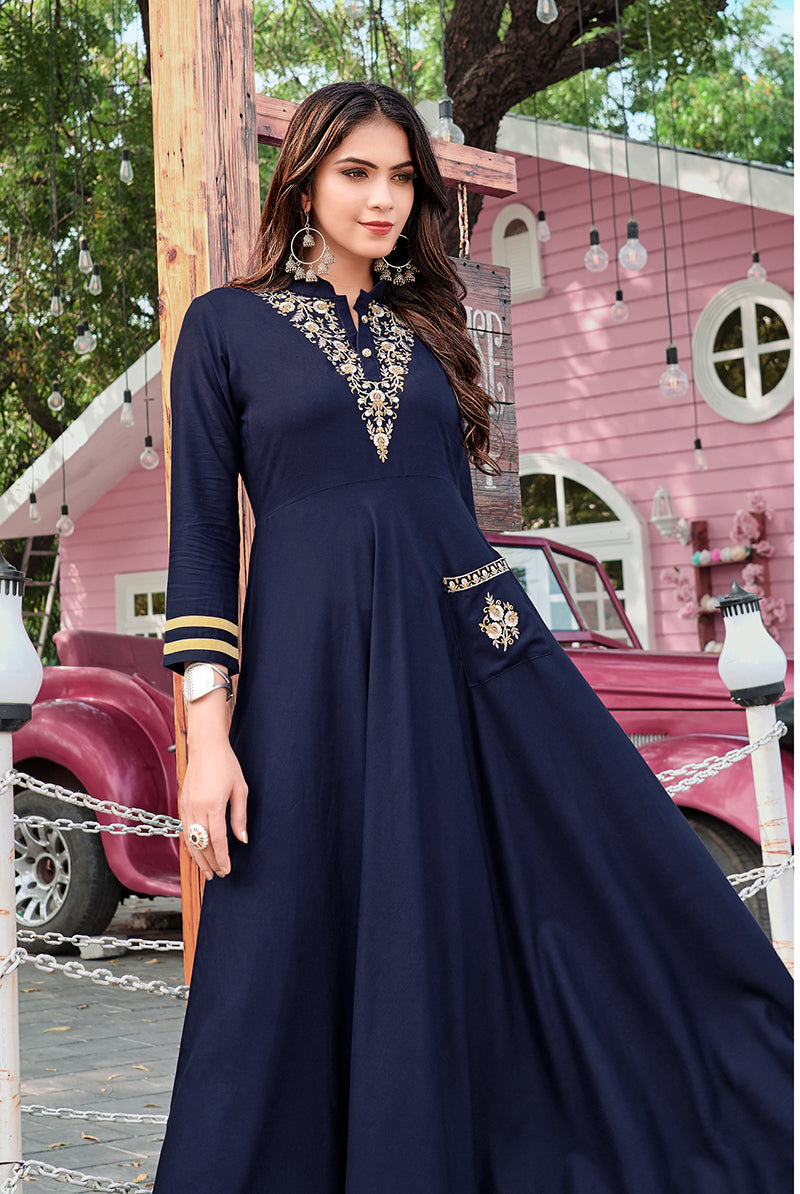 Monjolika Fashion Navy Blue Rayon Embroidered Designer Kurti - Distacart