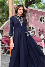 Monjolika Fashion Navy Blue Rayon Embroidered Designer Kurti - Distacart