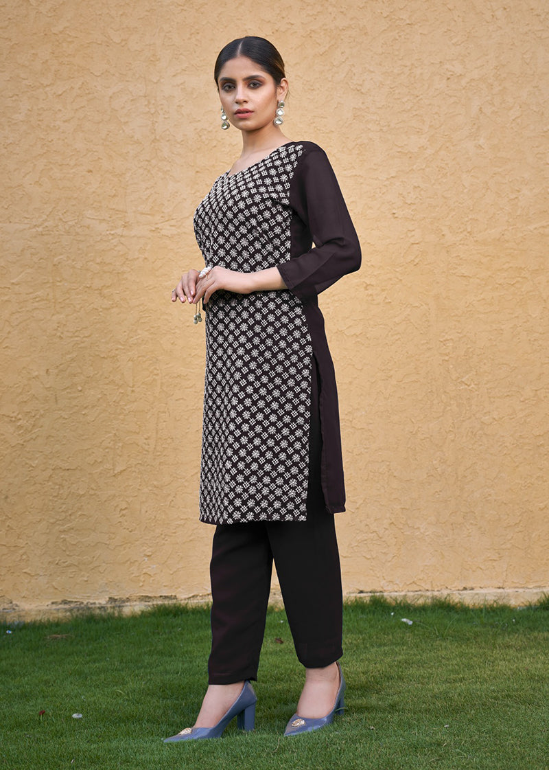Monjolika Fashion Embroidered Georgette Straight Kurta Set In Coffee - Distacart