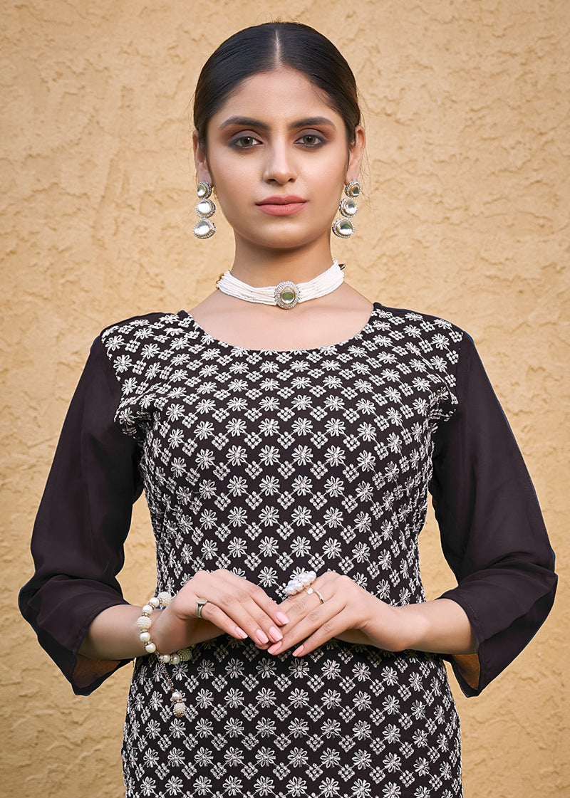 Monjolika Fashion Embroidered Georgette Straight Kurta Set In Coffee - Distacart