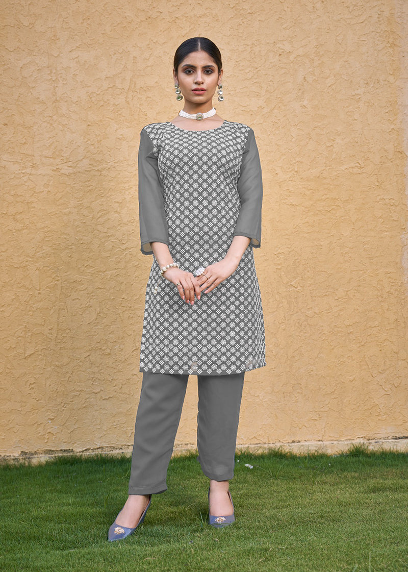 Monjolika Fashion Embroidered Georgette Straight Kurta Set In Grey - Distacart