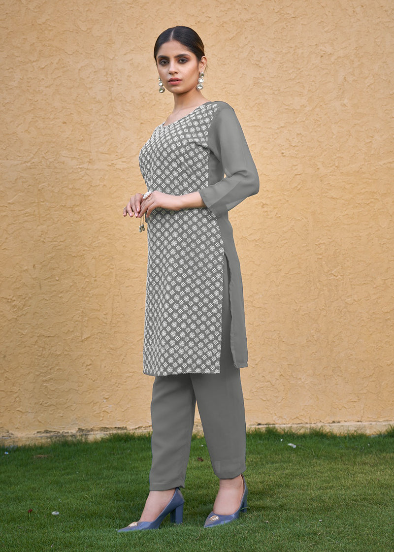 Monjolika Fashion Embroidered Georgette Straight Kurta Set In Grey - Distacart