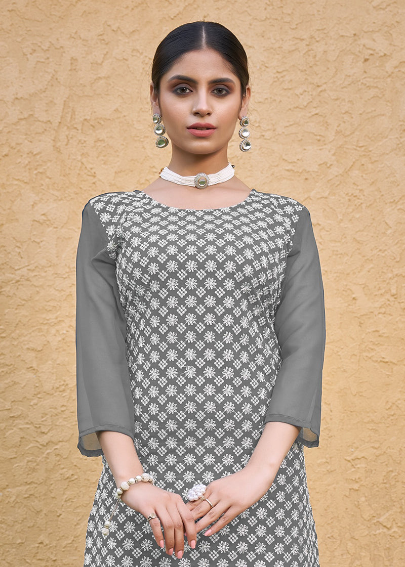 Monjolika Fashion Embroidered Georgette Straight Kurta Set In Grey - Distacart