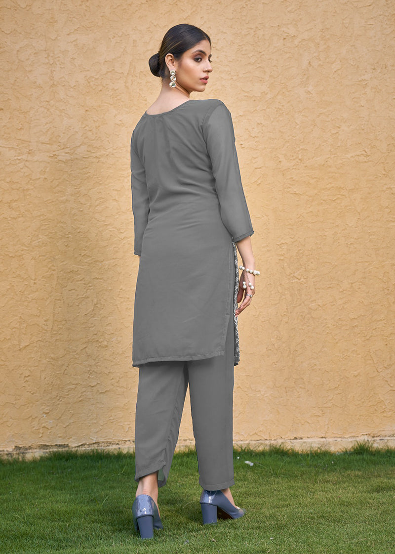 Monjolika Fashion Embroidered Georgette Straight Kurta Set In Grey - Distacart
