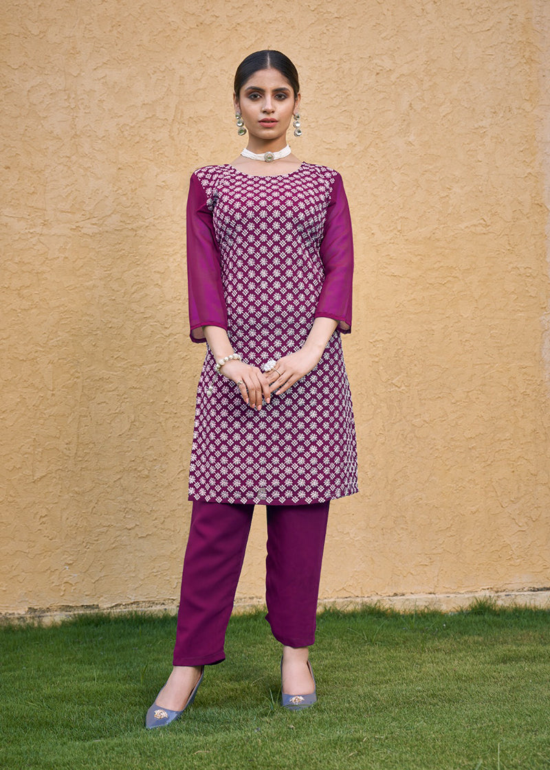 Monjolika Fashion Embroidered Georgette Straight Kurta Set In Purple - Distacart