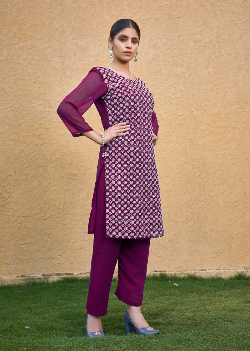 Monjolika Fashion Embroidered Georgette Straight Kurta Set In Purple - Distacart