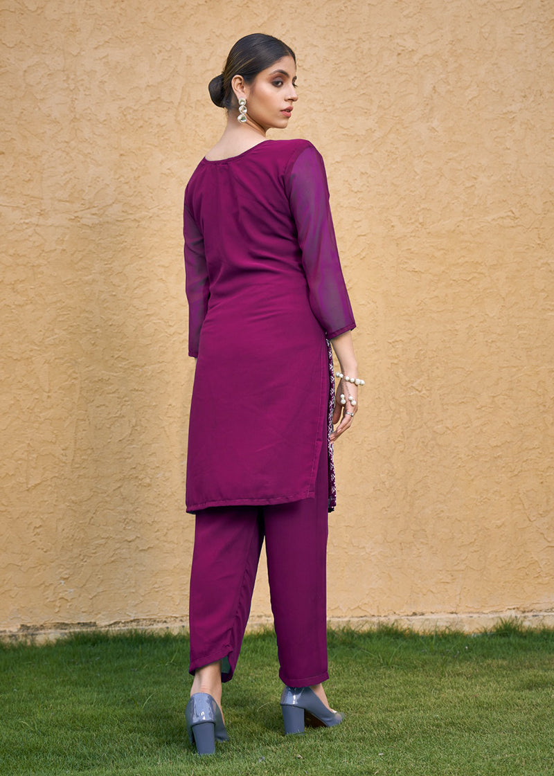 Monjolika Fashion Embroidered Georgette Straight Kurta Set In Purple - Distacart
