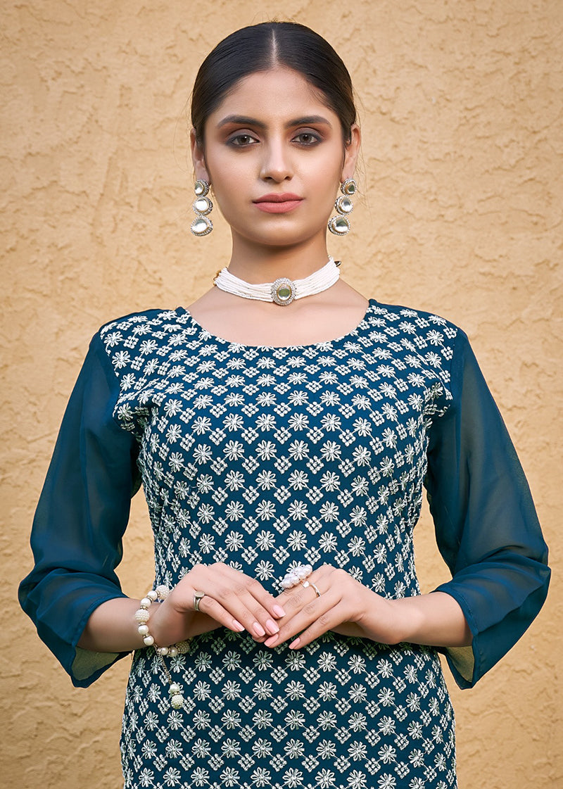 Monjolika Fashion Embroidered Georgette Straight Kurta Set In Teal Blue - Distacart