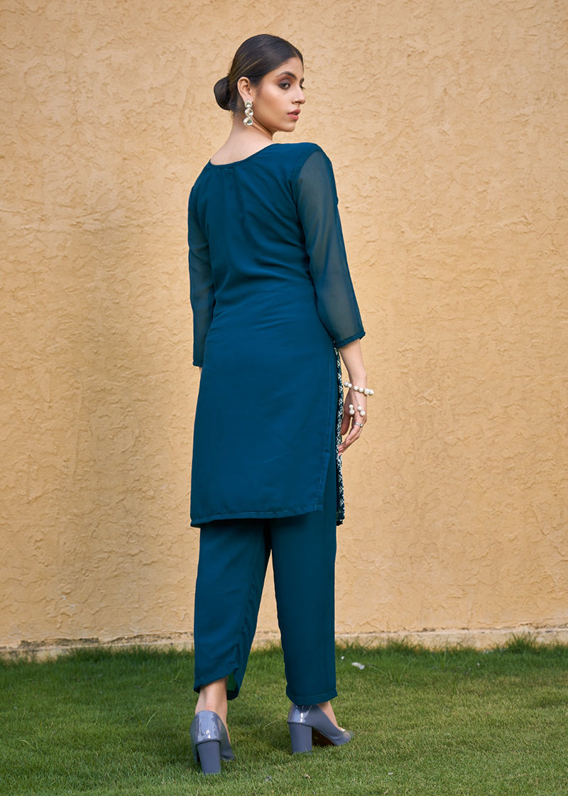 Monjolika Fashion Embroidered Georgette Straight Kurta Set In Teal Blue - Distacart