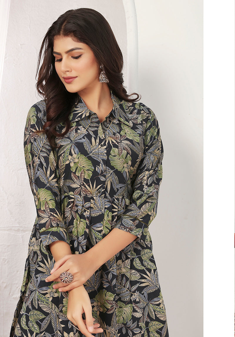 Monjolika Fashion Black Rayon Floral Print Casual Kurti - Distacart