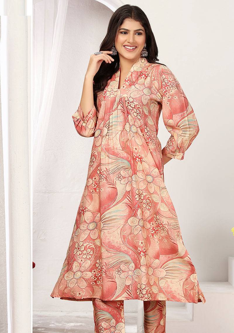Monjolika Fashion Peach And Pink Rayon Floral Print Casual Kurti - Distacart