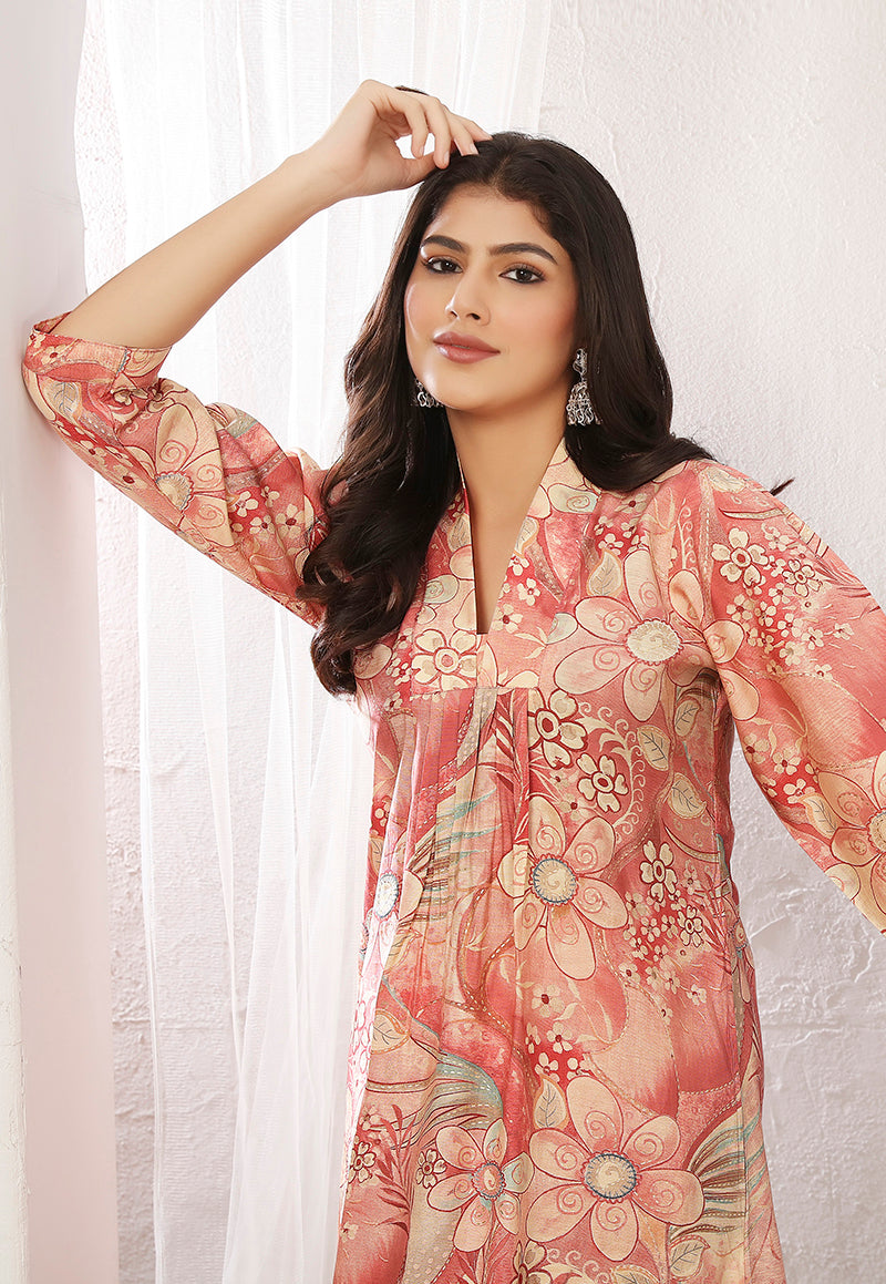 Monjolika Fashion Peach And Pink Rayon Floral Print Casual Kurti - Distacart