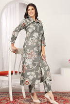 Monjolika Fashion Grey Rayon Floral Print Casual Kurti - Distacart