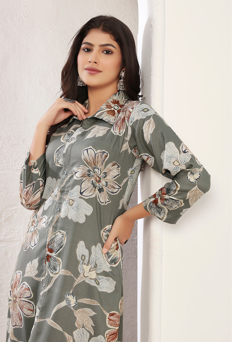 Monjolika Fashion Grey Rayon Floral Print Casual Kurti - Distacart