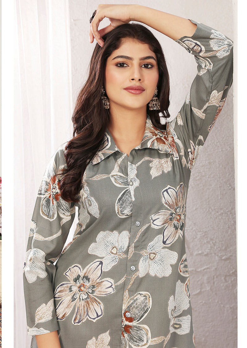 Monjolika Fashion Grey Rayon Floral Print Casual Kurti - Distacart