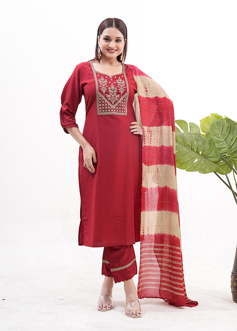 Monjolika Fashion Silk Embroidered Maroon Readymade Salwar Kameez - Distacart