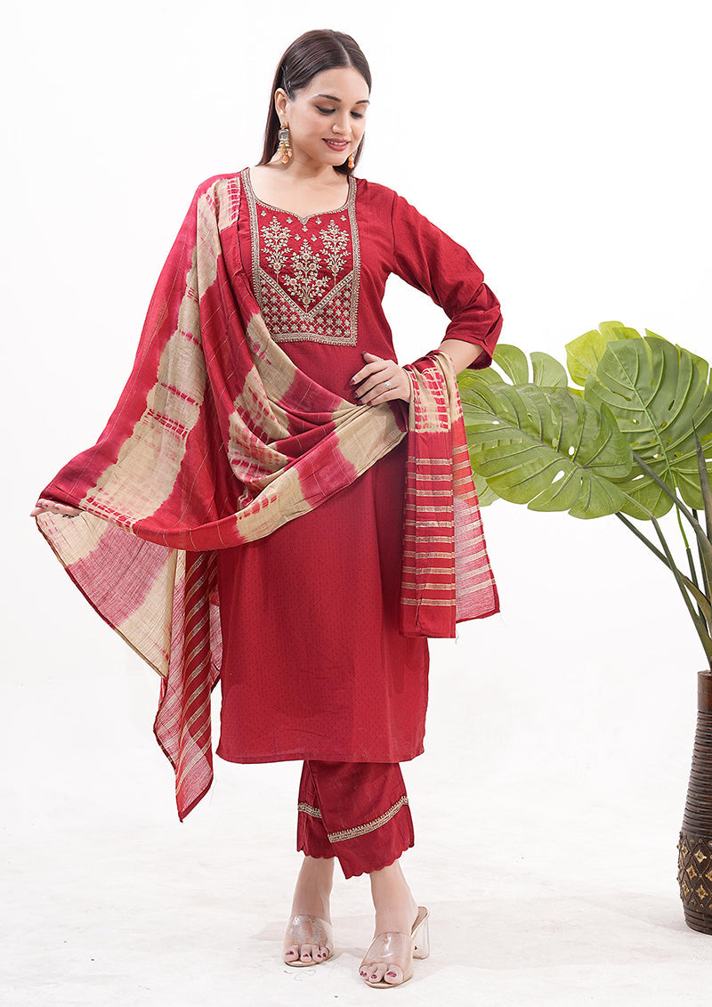 Monjolika Fashion Silk Embroidered Maroon Readymade Salwar Kameez - Distacart