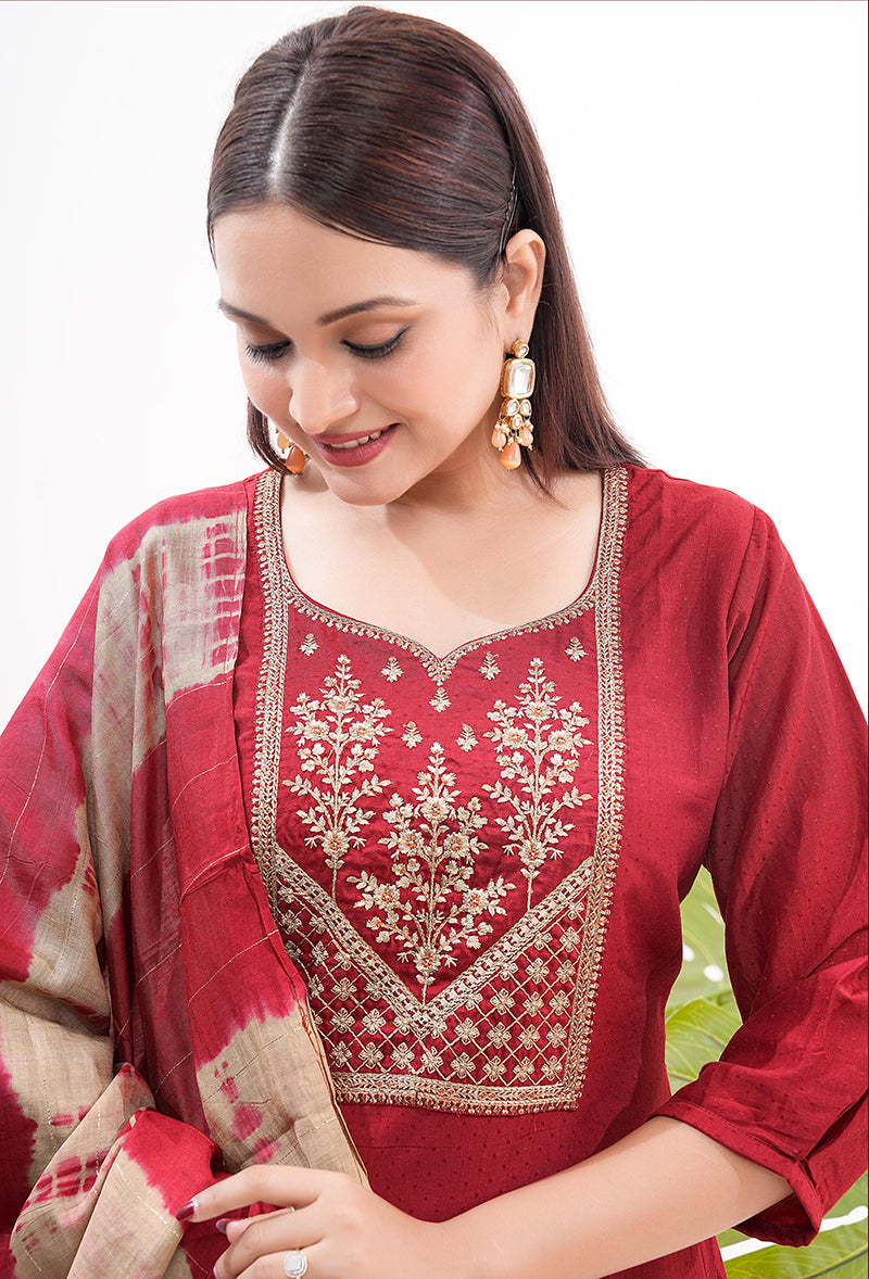 Monjolika Fashion Silk Embroidered Maroon Readymade Salwar Kameez - Distacart