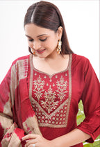 Monjolika Fashion Silk Embroidered Maroon Readymade Salwar Kameez - Distacart