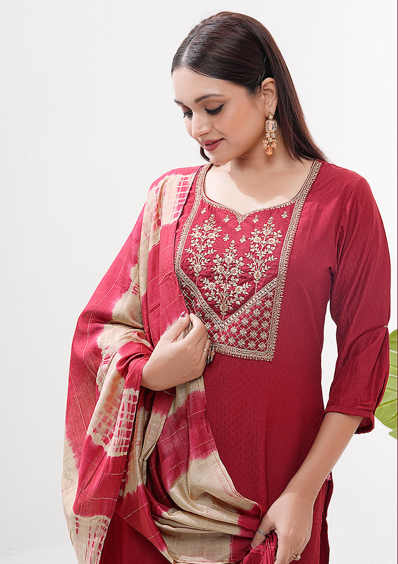 Monjolika Fashion Silk Embroidered Maroon Readymade Salwar Kameez - Distacart