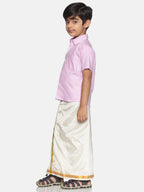 Sethukrishna Boys Pink & White Solid Shirt with Veshti Set