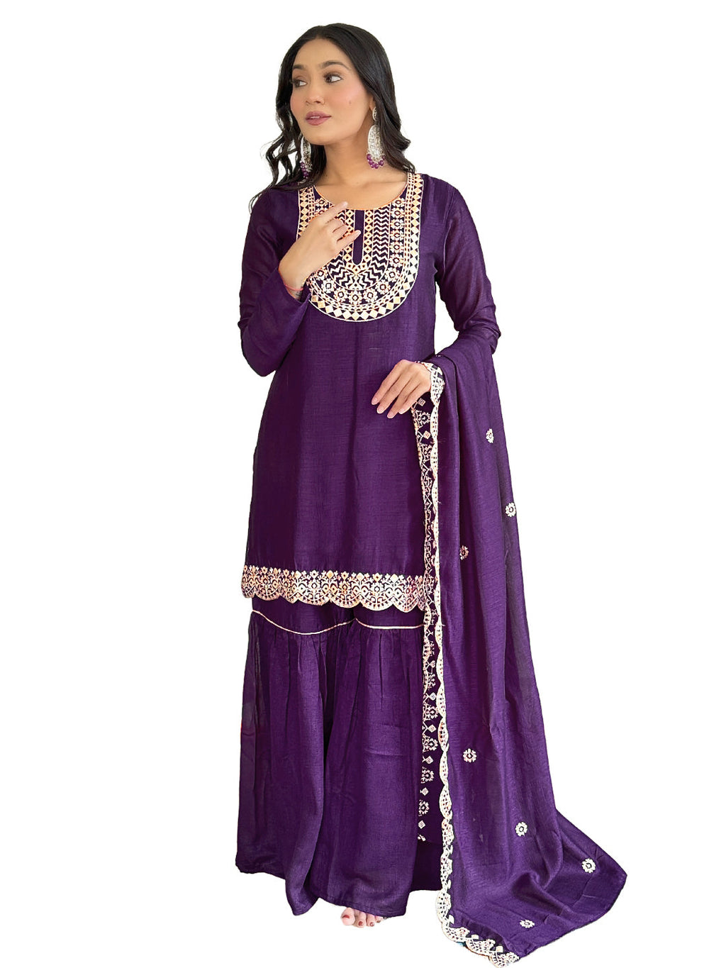 The52 Women's Gorgeous Vichitra Silk Embroidery Straight Kurta with Sharara and Dupatta Set - Distacart