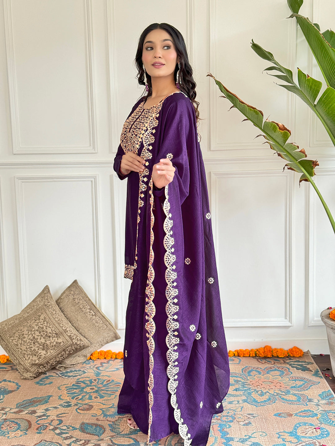 The52 Women's Gorgeous Vichitra Silk Embroidery Straight Kurta with Sharara and Dupatta Set - Distacart