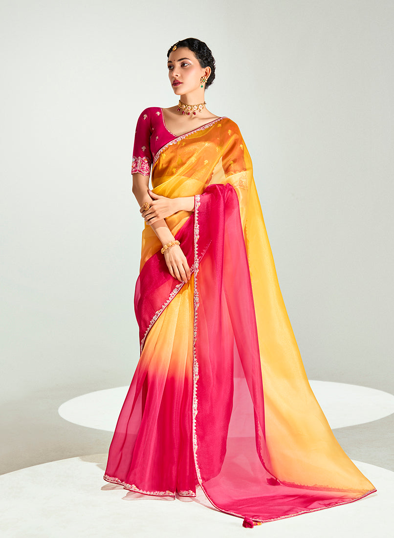 Monjolika Fashion Yellow And Rani Pink Organza Tissue Sequins Embroidery Handwork Wedding Wear Saree - Distacart