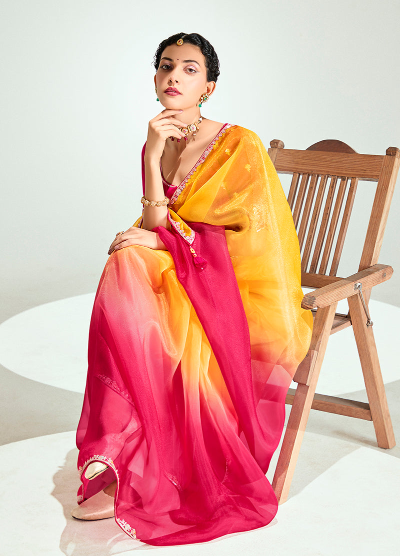 Monjolika Fashion Yellow And Rani Pink Organza Tissue Sequins Embroidery Handwork Wedding Wear Saree - Distacart