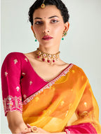 Monjolika Fashion Yellow And Rani Pink Organza Tissue Sequins Embroidery Handwork Wedding Wear Saree - Distacart