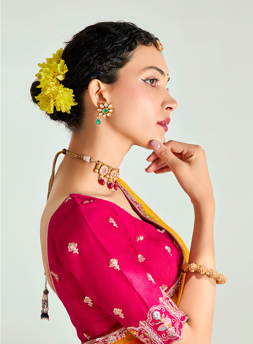 Monjolika Fashion Yellow And Rani Pink Organza Tissue Sequins Embroidery Handwork Wedding Wear Saree - Distacart