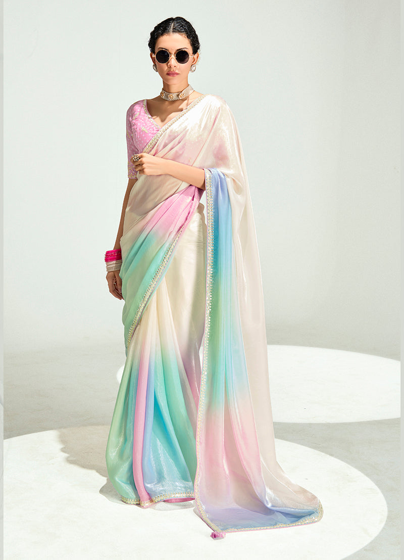 Monjolika Fashion Organza Tissue Multi Colour Sequins Embroidery Handwork Engagement Wear Saree