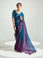Monjolika Fashion Organza Tissue Morpeach And Purple Sequins Embroidery Handwork Engagement Wear Saree
