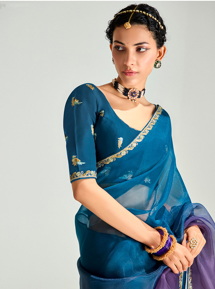Monjolika Fashion Organza Tissue Morpeach And Purple Sequins Embroidery Handwork Engagement Wear Saree