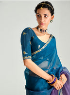 Monjolika Fashion Organza Tissue Morpeach And Purple Sequins Embroidery Handwork Engagement Wear Saree