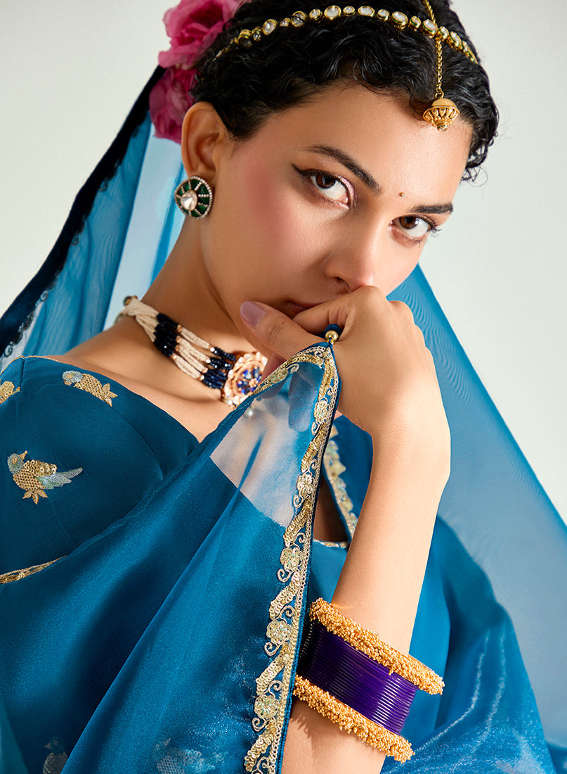 Monjolika Fashion Organza Tissue Morpeach And Purple Sequins Embroidery Handwork Engagement Wear Saree