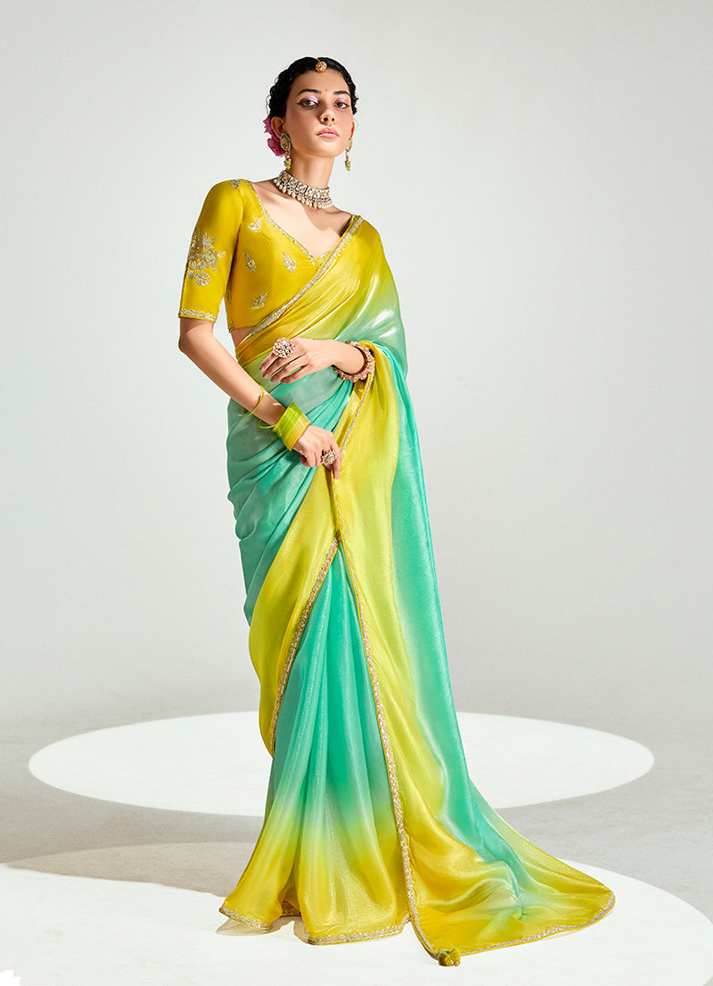 Monjolika Fashion Organza Tissue Yellow And Sea Green Sequins Embroidery Handwork Engagement Wear Saree