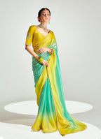 Monjolika Fashion Organza Tissue Yellow And Sea Green Sequins Embroidery Handwork Engagement Wear Saree
