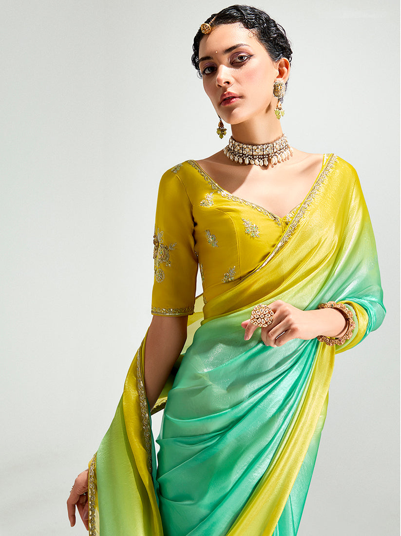 Monjolika Fashion Organza Tissue Yellow And Sea Green Sequins Embroidery Handwork Engagement Wear Saree